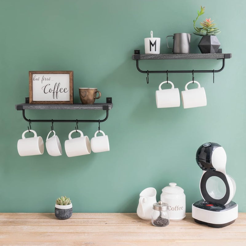 Mkono Mug Holder Wall Mounted Coffee Mug Rack Set of 2 Rustic Floating Shelf for Coffee Bar Accessories Wood Tea Cup Hooks Hanger for Organizing Cooking Utensils, Home Kitchen Decor, Grey - Image 2